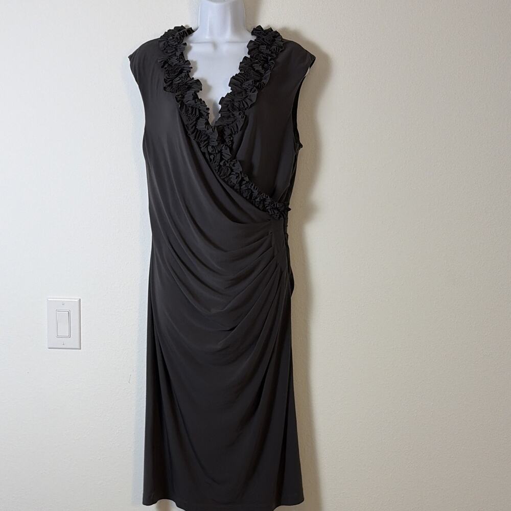 Maggy London Black Knit Sheath Dress V-Neck Ruffle Ruched Lined Stretch 14